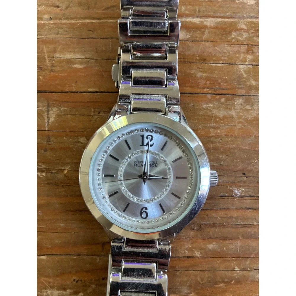 Kenneth Cole Reaction Watch Women OS Silver Rhinestone Face Glam Girlhoodcore